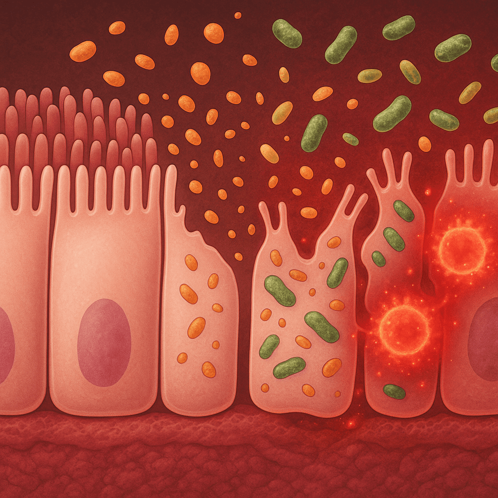 Scientific illustration of a stressed intestinal wall showing how stress disrupts digestion by damaging gut lining and triggering inflammation.