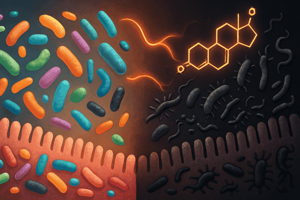 Stylized split-screen showing how stress disrupts digestion by comparing a healthy gut microbiome to one damaged by cortisol and neural signals.