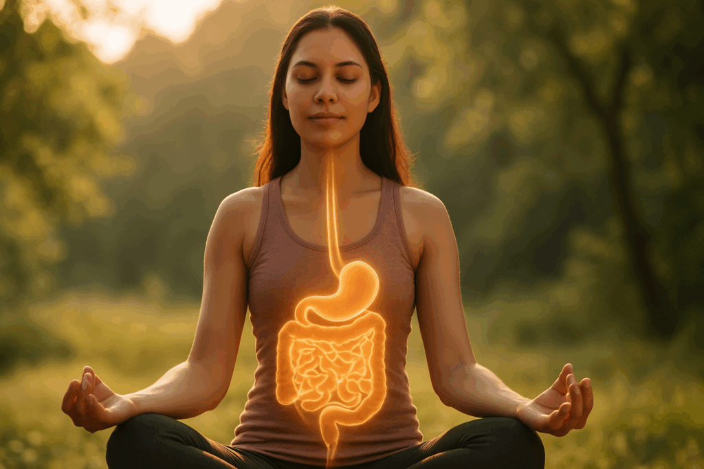Woman meditating in a sunlit forest with glowing digestive system illustration, symbolizing how stress disrupts digestion and the calming effects of mindfulness