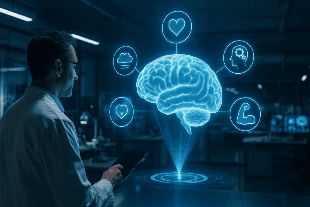 Scientist studying the brain in a futuristic lab while examining a holographic brain model surrounded by memory, emotion, cognition, and resilience icons.