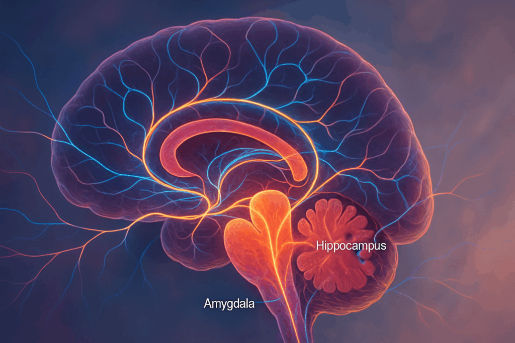 Neural pathways connecting the amygdala, hippocampus, and prefrontal cortex illuminated in vibrant colors, symbolizing emotional regulation and studying the brain.