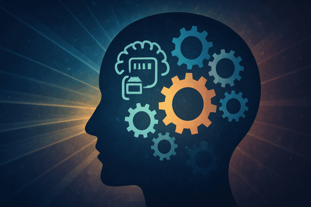 Silhouette of a human head filled with interlocking gears, memory icons, and light beams symbolizing cognitive processes like focus, memory, and executive function while studying the brain.