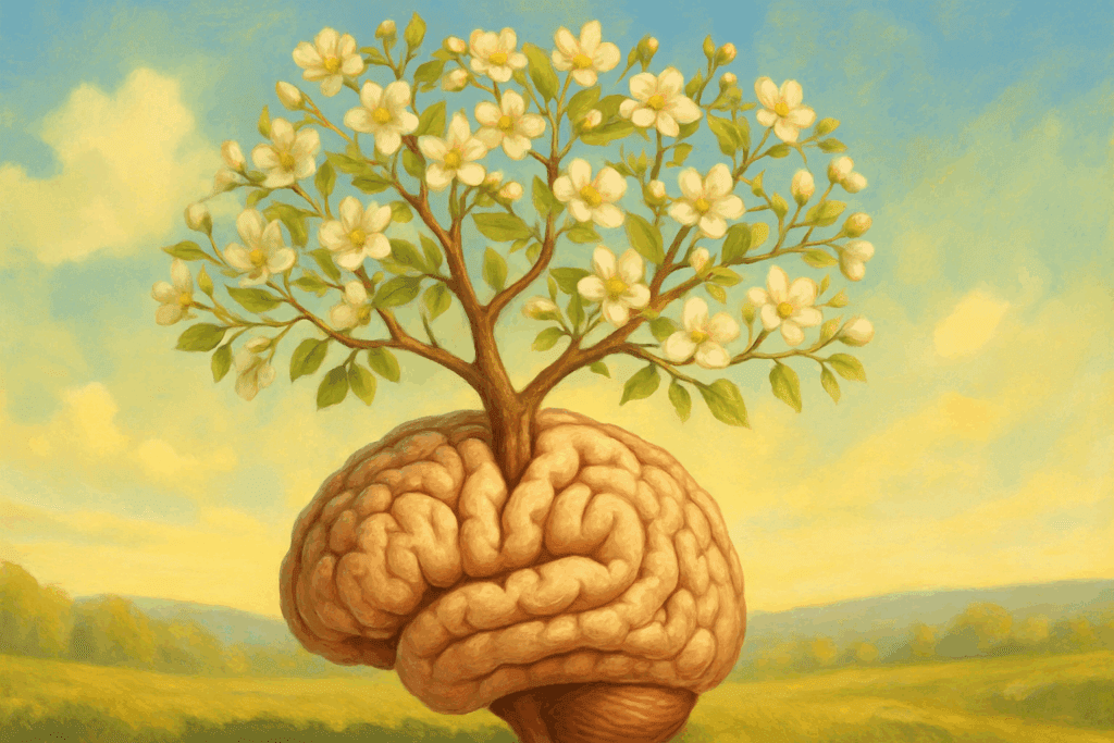 Artistic visualization symbolizing studying the brain, showing a human brain with blossoming tree branches growing from it against a bright, hopeful landscape.