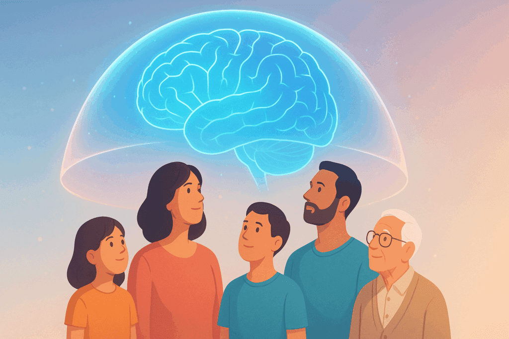 Diverse group of people across generations standing under a glowing brain shield, symbolizing preventive mental health while studying the brain.