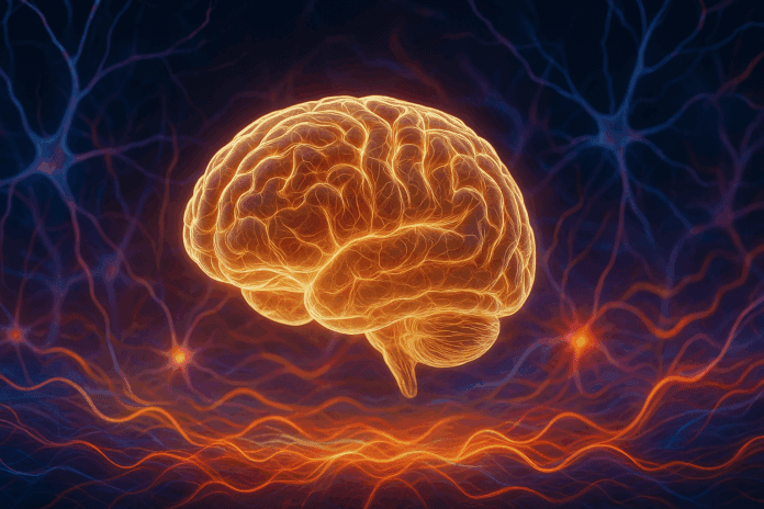 Glowing wired human brain hovering over abstract neurons and colorful energy patterns, symbolizing studying the brain and mental health.