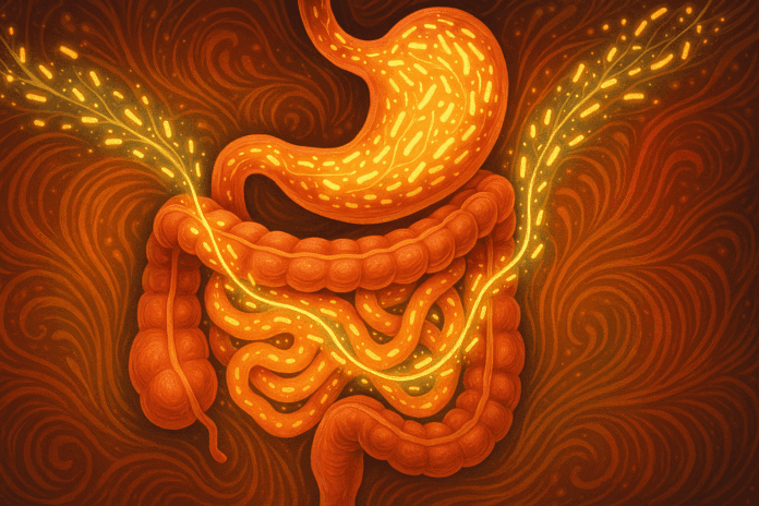 Artistic visualization of the human digestive system with glowing bacteria streams, symbolizing symbiotic relationships that support gut health