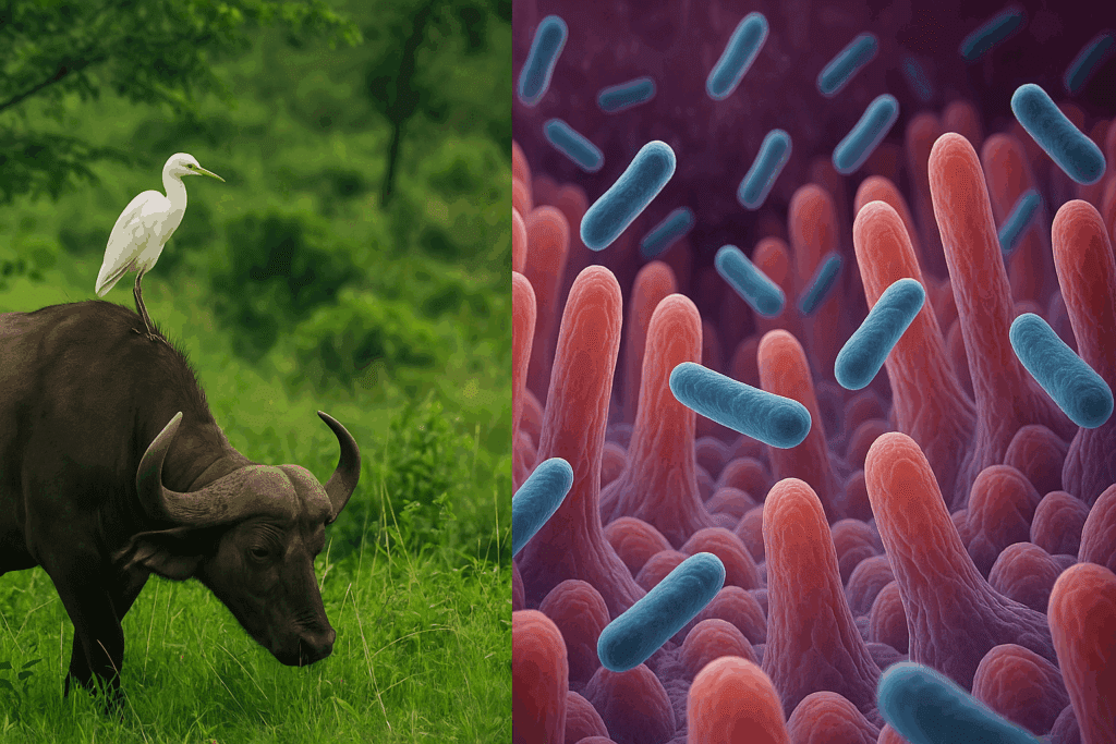 Cattle egret perched on a buffalo in a green landscape, paralleled with gut bacteria interacting with human intestinal villi, symbolizing symbiotic relationships.