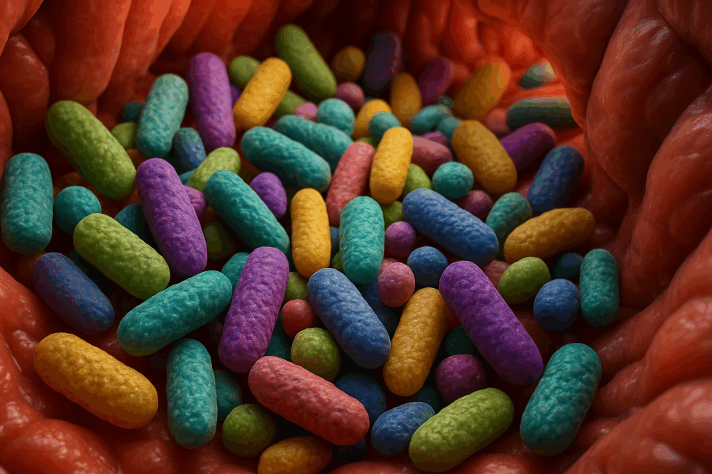 Colorful gut bacteria forming vibrant colonies inside the human intestine, illustrating symbiotic relationships within the gut microbiome.