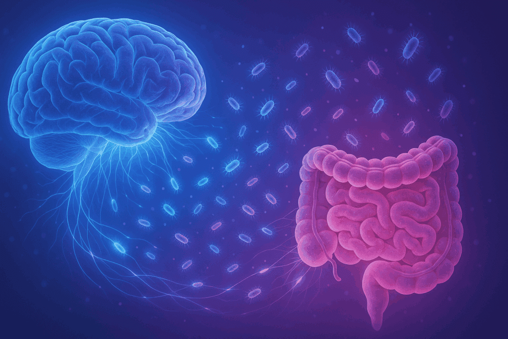 Glowing conceptual illustration of a human brain and gut connected by a neural network with microbes traveling between them, symbolizing symbiotic relationships in the gut-brain axis.