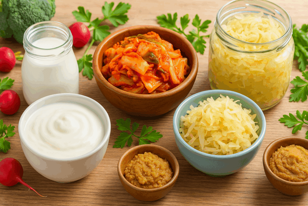 Colorful spread of fermented foods including yogurt, kimchi, sauerkraut, kefir, and miso on a rustic table, symbolizing gut health and symbiotic relationships.