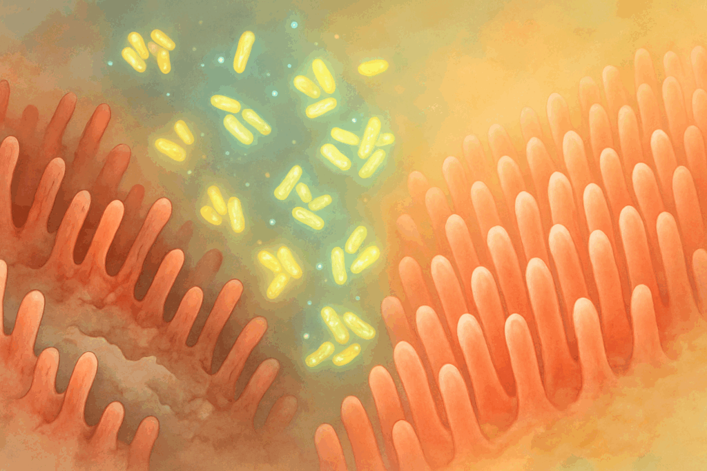 Glowing bacteria clusters restoring balance to damaged gut lining, symbolizing healthy symbiotic relationships in the microbiome.