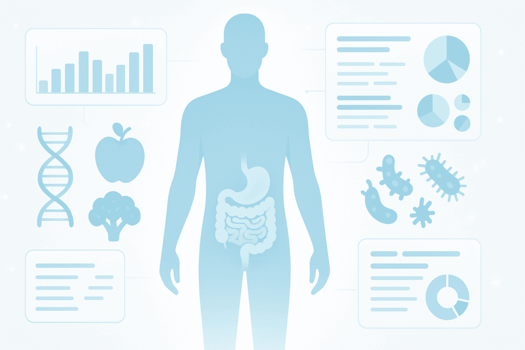 Futuristic infographic showing personalized gut microbiome analysis with DNA strands, food icons, gut bacteria, and charts representing symbiotic relationships.