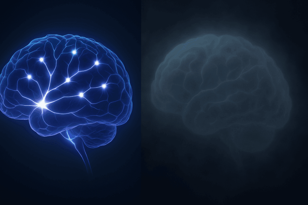 Conceptual comparison of two human brains showing strong versus weak synaptic function through bright and dim neural connections