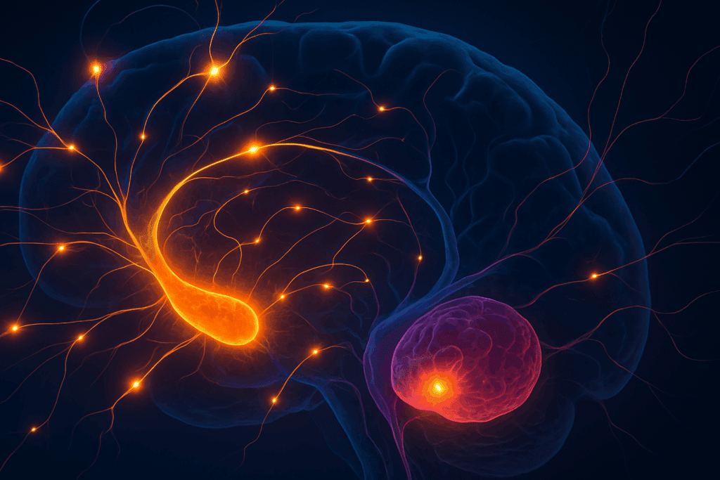 Dynamic neural pathways between the hippocampus and amygdala illustrating active synaptic function involved in learning and emotion