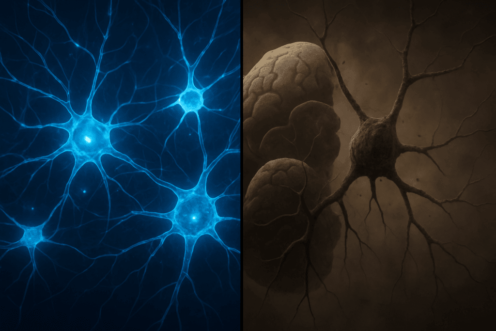 Split-screen showing healthy synaptic function in a youthful brain versus declining synaptic connections in aging and stress