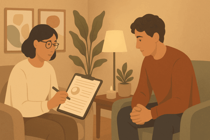 Therapist and client discussing therapy worksheets during a calm counseling session in a cozy, softly lit room with abstract wall art and warm-toned furniture.