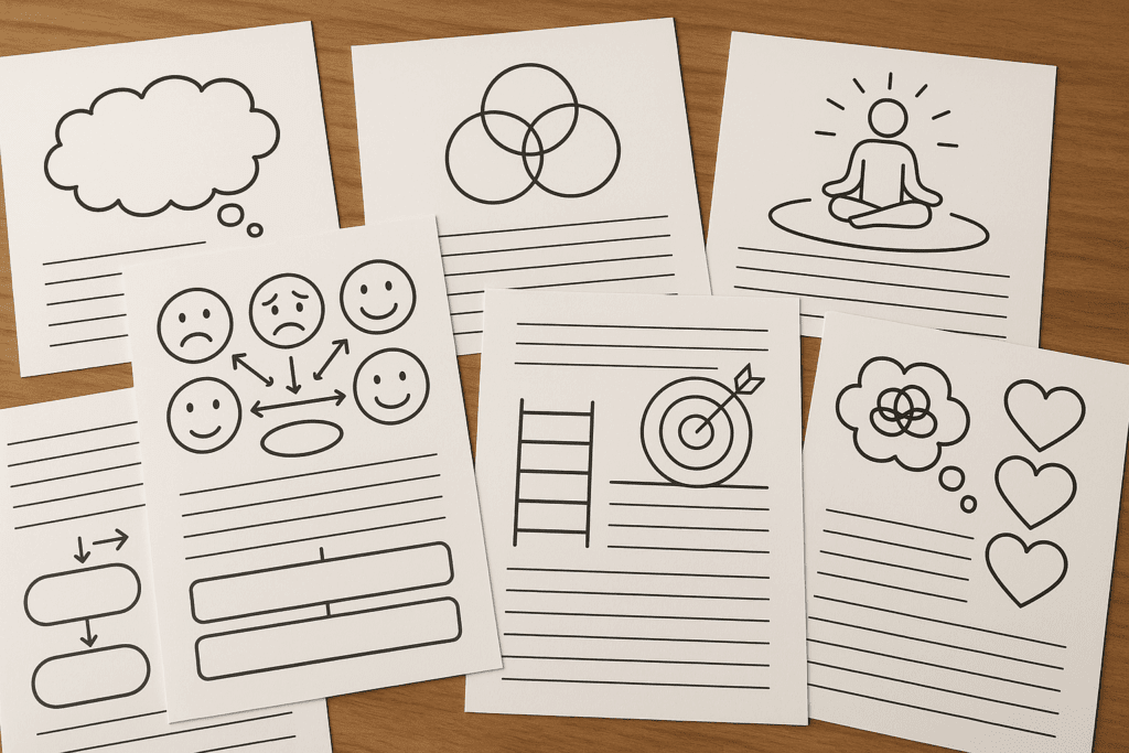 Therapy worksheets representing CBT, DBT, and ACT with illustrated prompts, thought bubbles, emotion icons, and mindfulness symbols on a wooden table.