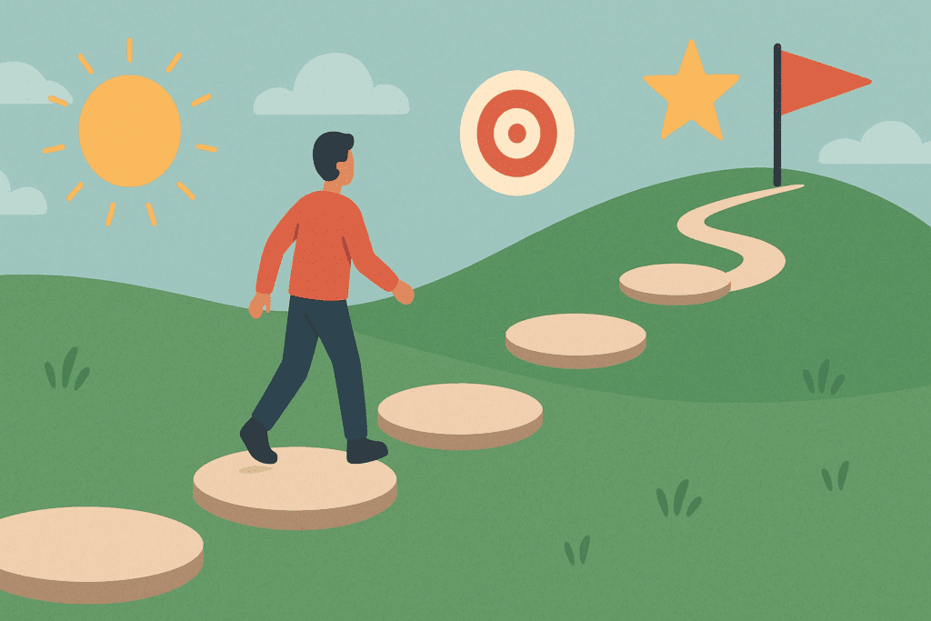 Person walking along stepping stones toward a goal flag, symbolizing progress in therapy worksheets and personal growth.