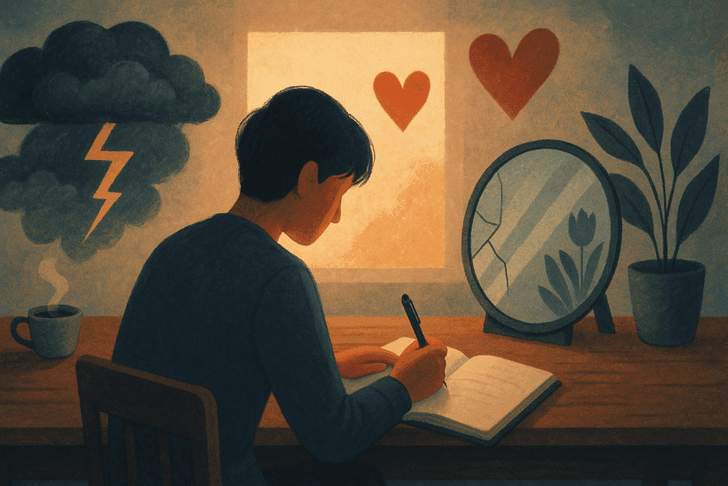 Person journaling at a desk surrounded by emotional symbols, illustrating therapeutic self-reflection supported by therapy worksheets