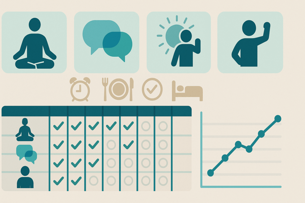 Visual habit tracker with icons for mindfulness, communication, exposure therapy, and assertiveness practice, illustrating behavior goals often used in therapy worksheets