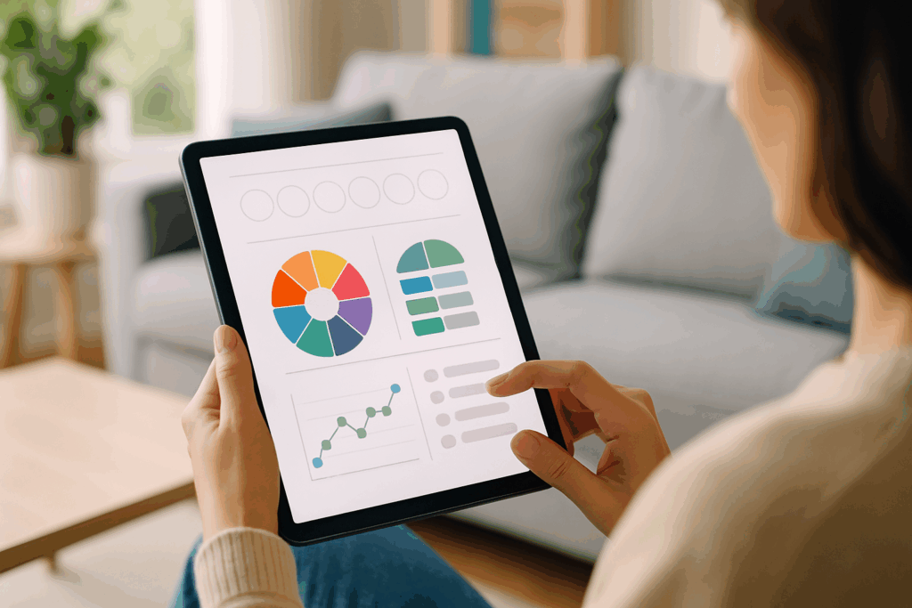 Person using a digital tablet at home to complete therapy worksheets, with emotion wheels, progress graphs, and colorful charts visible on the screen