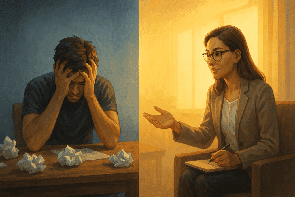 Frustrated man surrounded by crumpled papers on one side and a calm therapist offering support on the other, symbolizing progress through therapy worksheet