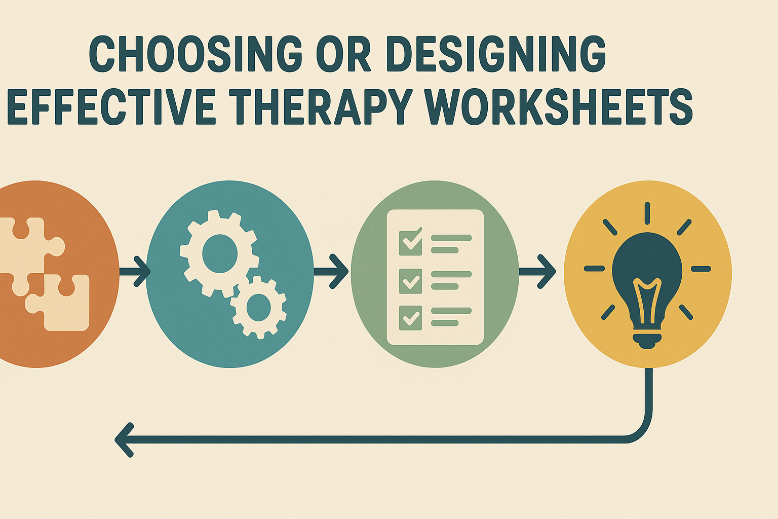 Infographic showing the development process of therapy worksheets using abstract icons for goals, orientation, client needs, and co-creation