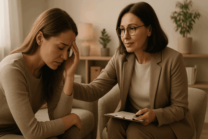 Therapist offering support during a trauma-focused cognitive behavioral therapy session in a calm, softly lit setting.