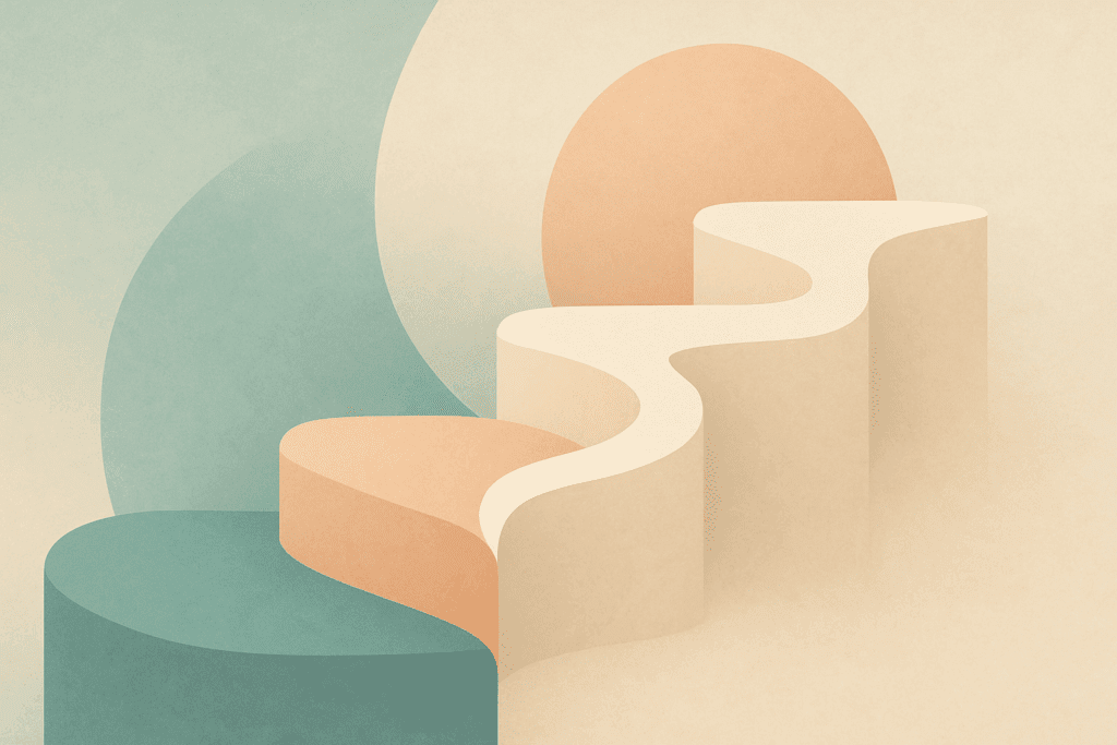 Abstract illustration symbolizing the trauma-focused cognitive behavioral therapy process with three soft-colored phases: stabilization, trauma narration, and integration.