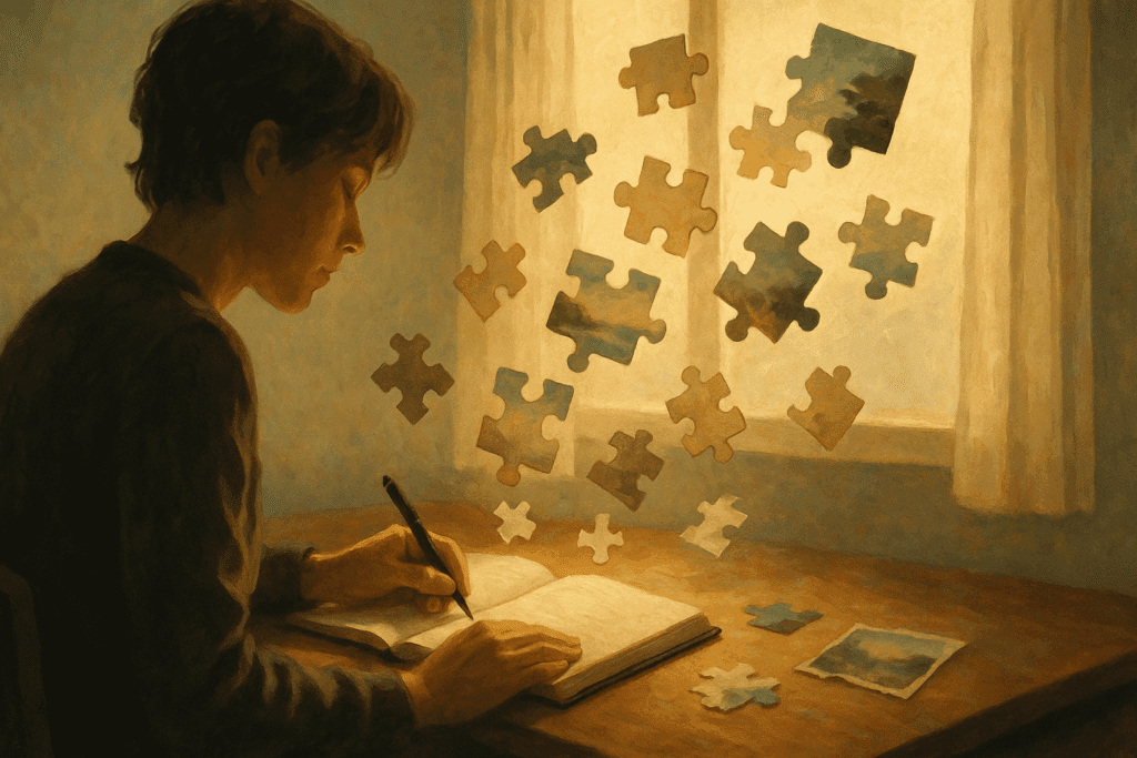 Person journaling at a sunlit desk with puzzle pieces and torn photos floating, symbolizing memory reconstruction in trauma-focused cognitive behavioral therapy