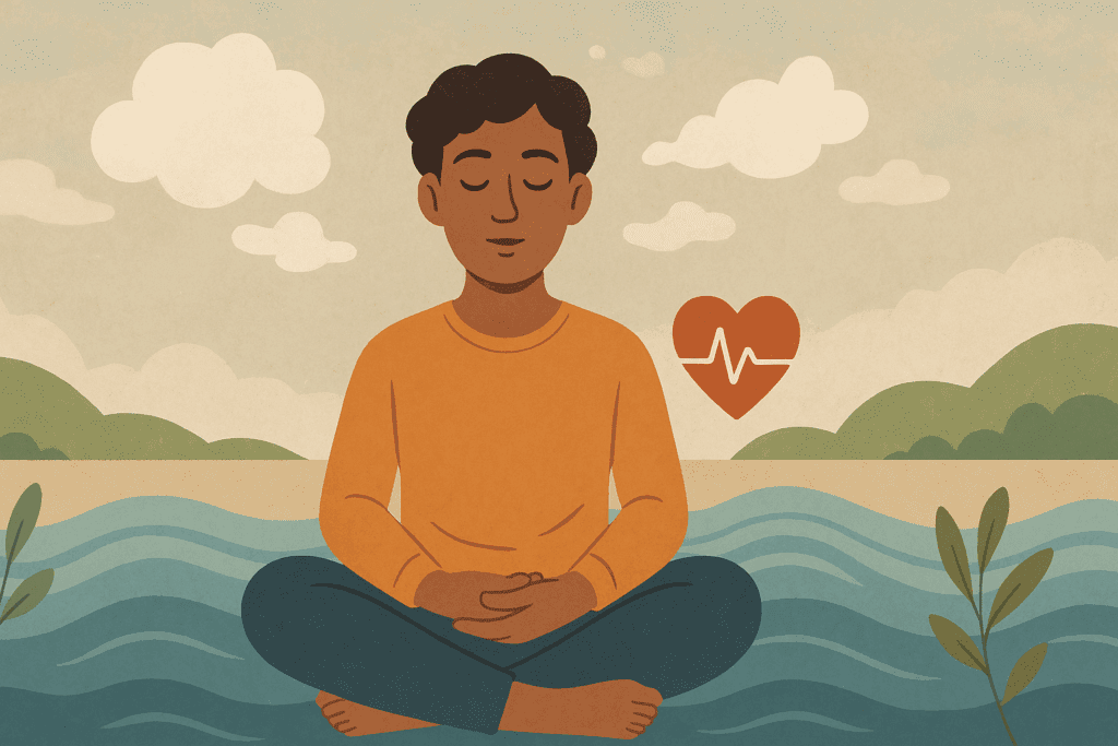 Person practicing deep breathing by a calm lake with visual symbols of emotional regulation, illustrating trauma-focused cognitive behavioral therapy.