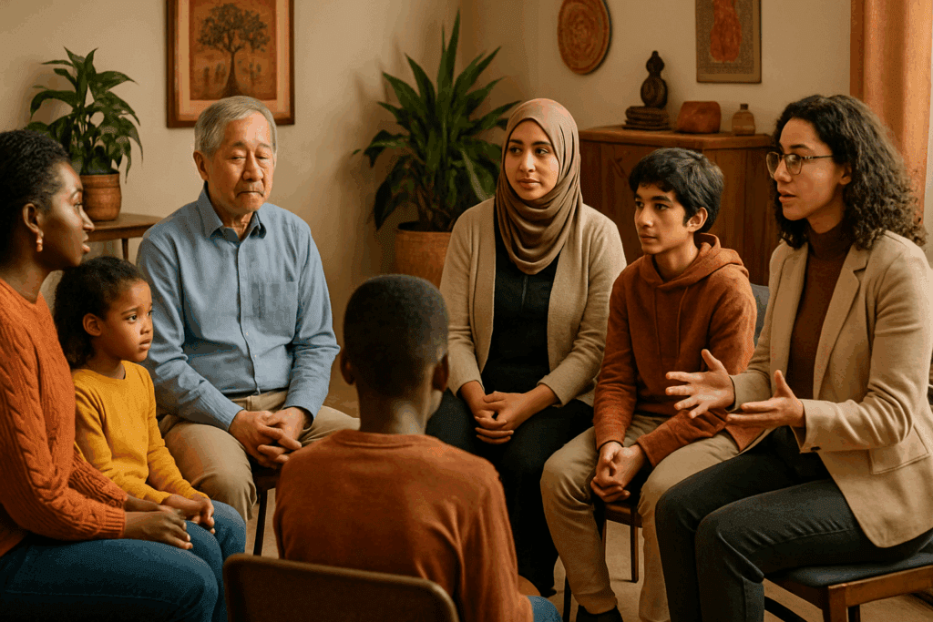 Multigenerational support group of diverse individuals participating in trauma-focused cognitive behavioral therapy in a warm, inclusive setting