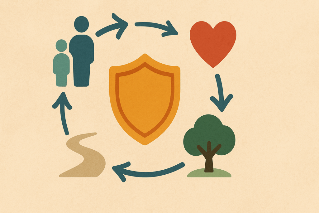 Circular infographic illustrating key elements of trauma-focused cognitive behavioral therapy with icons for coping, support, relapse prevention, and resilience.