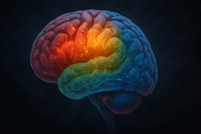 Dynamic psychology brain map showing colorful regions for emotion, memory, and cognition, connected by glowing neural pathways.