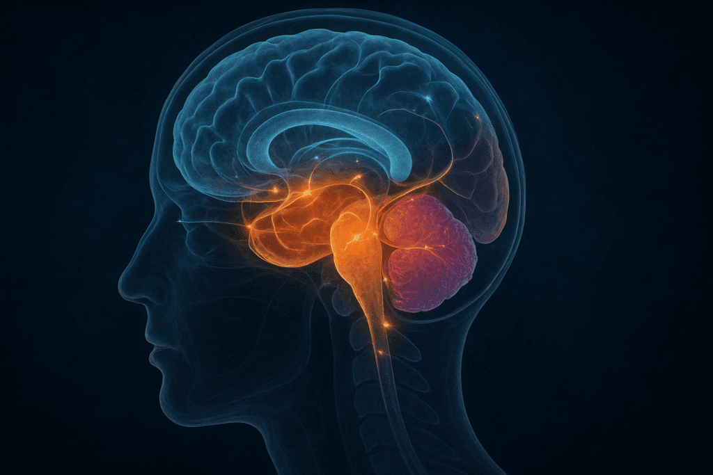 Side profile of a human head displaying a psychology brain map with illuminated prefrontal cortex, limbic system, and hippocampus connected by glowing neural trails.