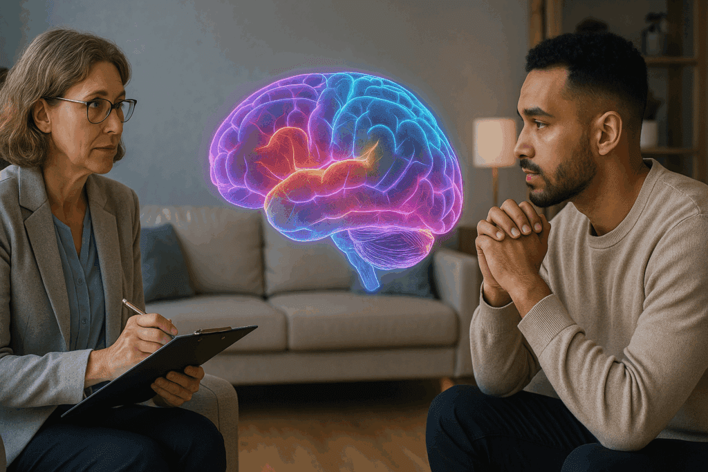 Therapist and client in a modern counseling session discussing mental health treatment with a glowing psychology brain map hologram between them.