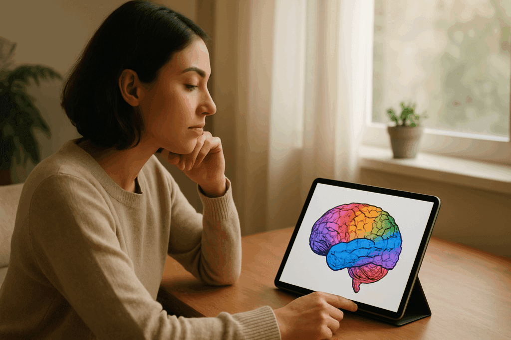 Woman thoughtfully studying a psychology brain map on a tablet in a serene, sunlit home setting