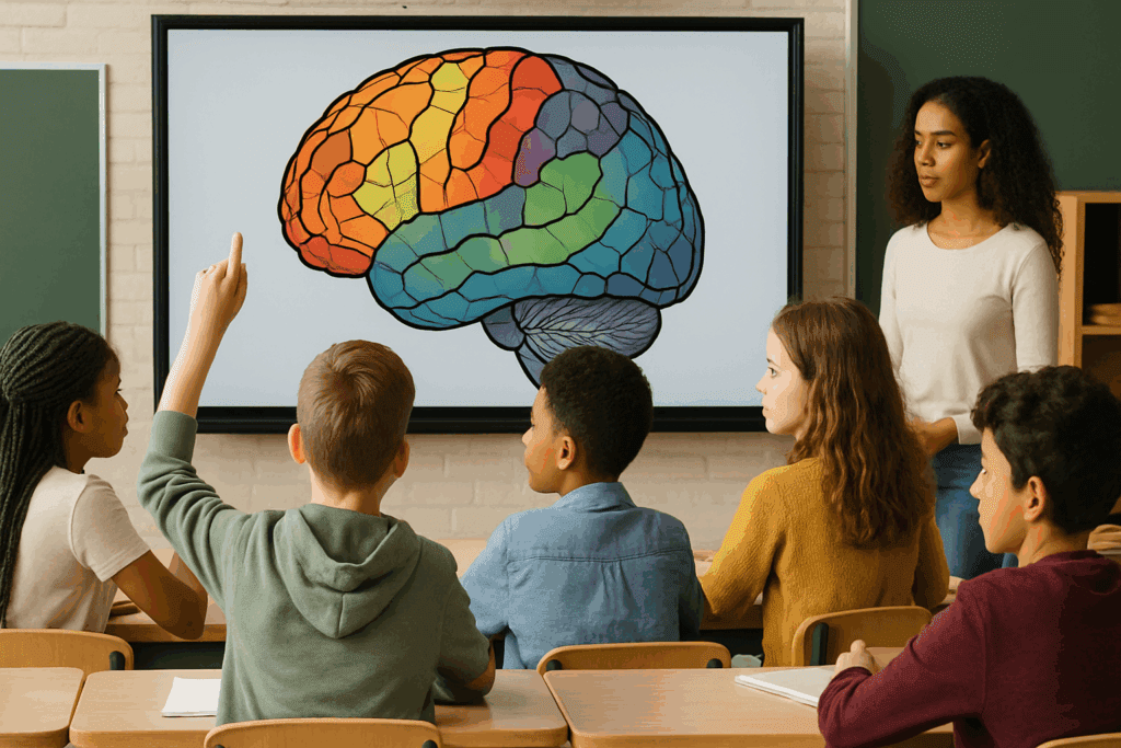 Students in a diverse classroom studying a psychology brain map displayed on a smartboard during a mental health education lesson