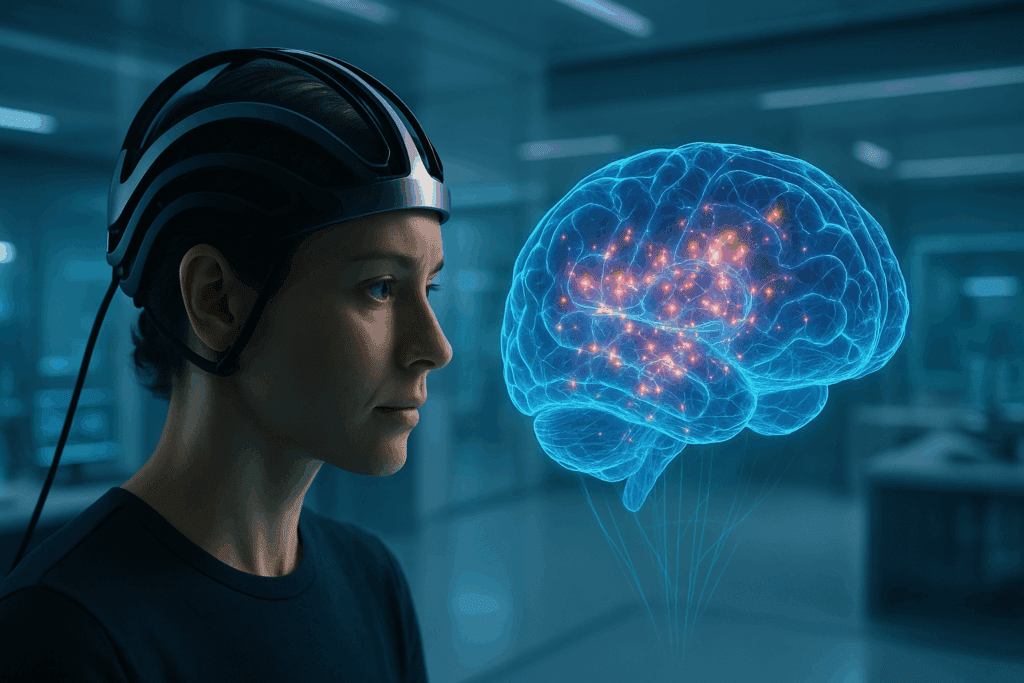 Person wearing a futuristic neurotech headset analyzing a holographic psychology brain map with real-time neural activity in a high-tech lab.