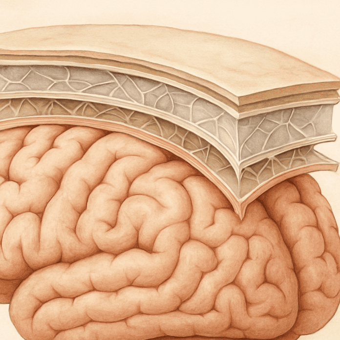 Cross-sectional medical illustration showing the 3 layers of the brain—dura mater, arachnoid mater, and pia mater—protecting the cerebrum