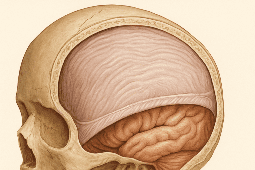 Detailed anatomical illustration showing the 3 layers of the brain with a focus on the dura mater positioned beneath the skull to protect brain tissue