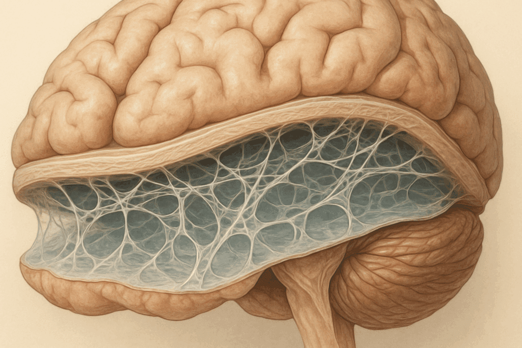 Realistic anatomical illustration showing the 3 layers of the brain with detailed view of the web-like arachnoid mater and cerebrospinal fluid.