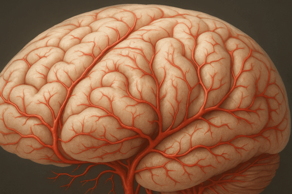 Detailed close-up of the pia mater showing blood vessels delivering nutrients across the 3 layers of the brain's surface