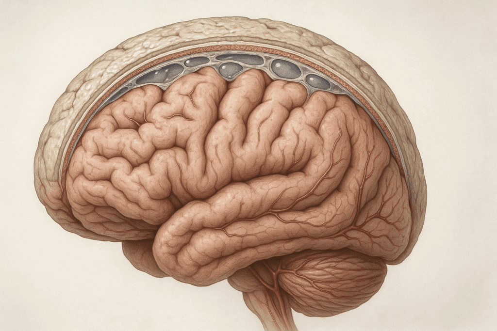 Cross-sectional illustration showing age-related changes in the 3 layers of the brain, including dura mater calcification, reduced CSF absorption in the arachnoid mater, and decreased blood flow in the pia mater.