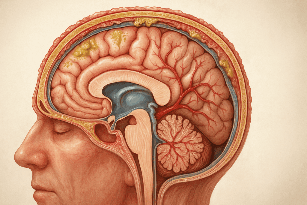 Medical illustration showing meningitis infection inflaming the 3 layers of the brain, including dura mater, arachnoid mater, and pia mater.