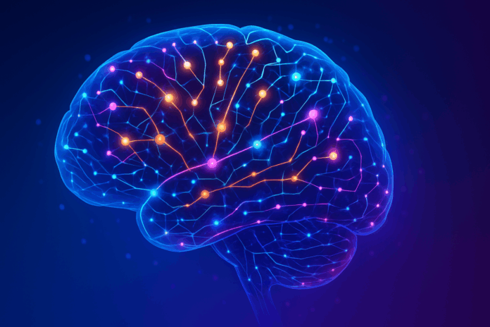 Futuristic digital brain illustration with glowing neural networks symbolizing cognitive enhancement through the BrainHQ App