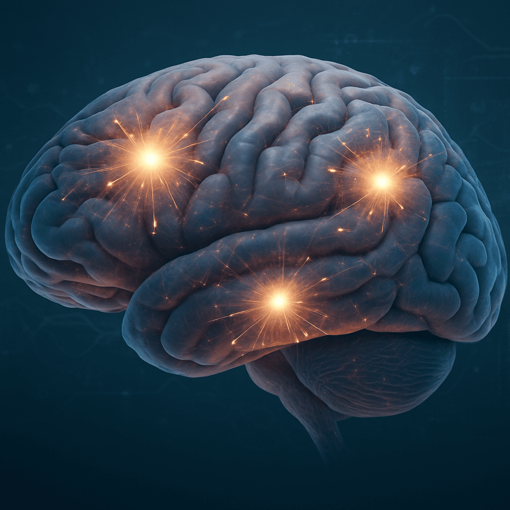 Realistic digital illustration of brain regions lighting up during cognitive training, symbolizing the adaptive exercises in the BrainHQ App.