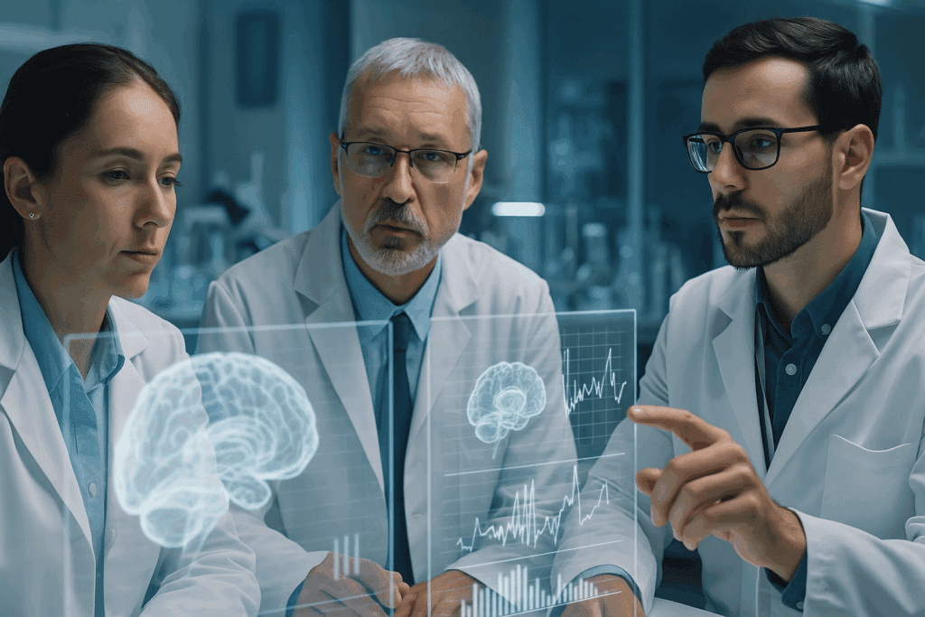 Researchers in a modern lab analyzing holographic brain data to validate the BrainHQ App’s scientific effectiveness