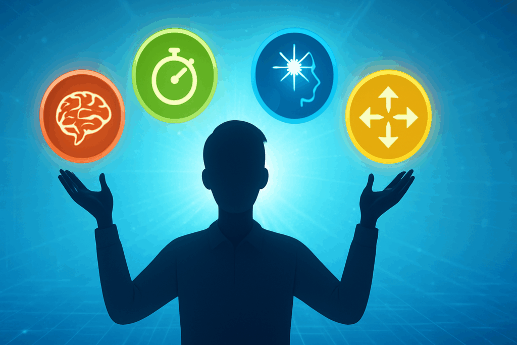 Person balancing memory, speed, focus, and flexibility icons in a digital scene symbolizing mental agility with the BrainHQ App
