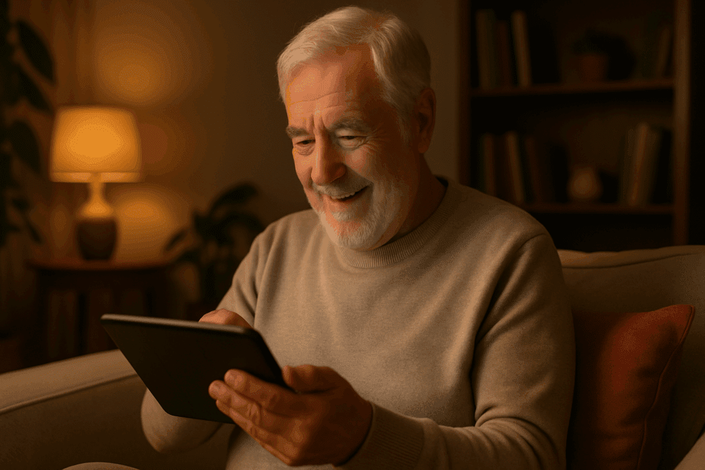 Older man using the BrainHQ App on a tablet in a warmly lit room, symbolizing healthy aging through cognitive training.